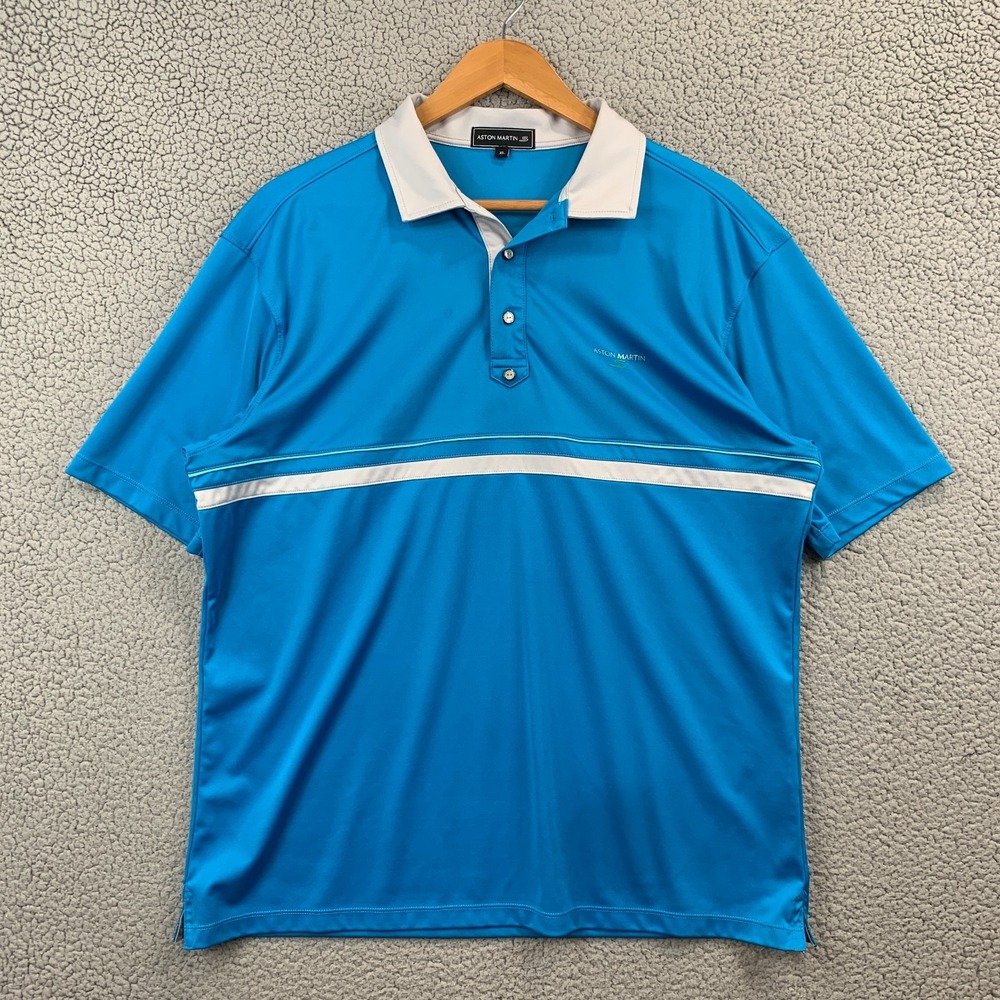 Ashton Martin Polo Shirt Mens Size XL Blue White Stripe